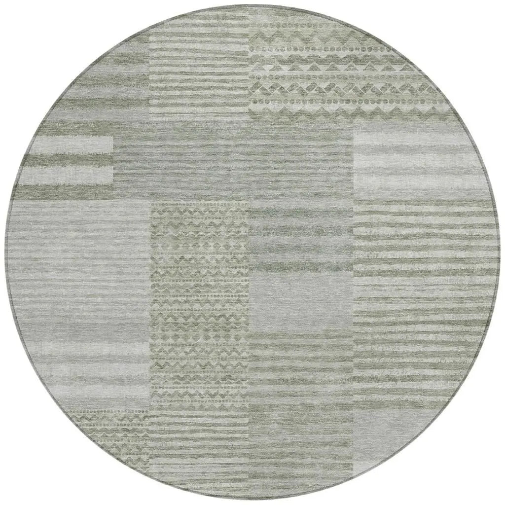 8' Sage And Green Round Striped Washable Indoor Outdoor Area Rug Homeroots Outdoor