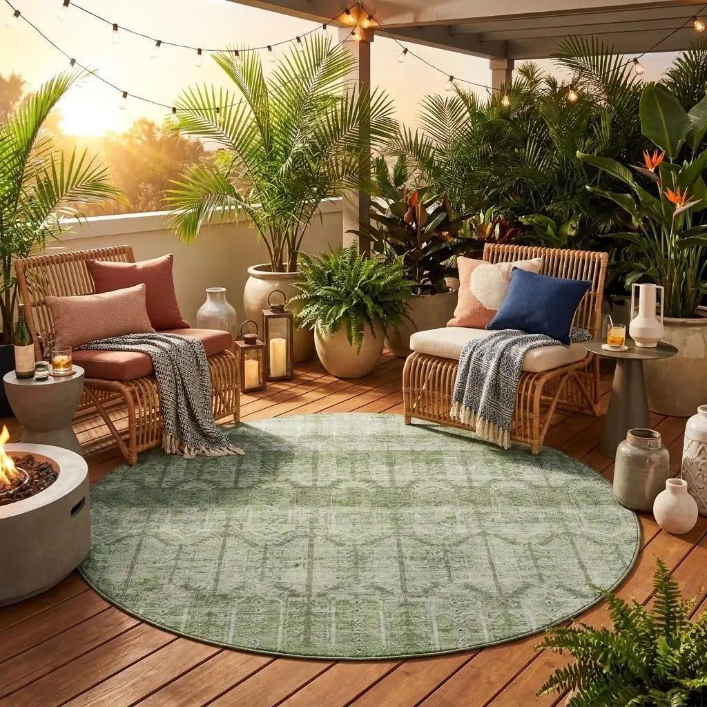8' Sage And Green Round Tribal Washable Indoor Outdoor Area Rug Homeroots Outdoor