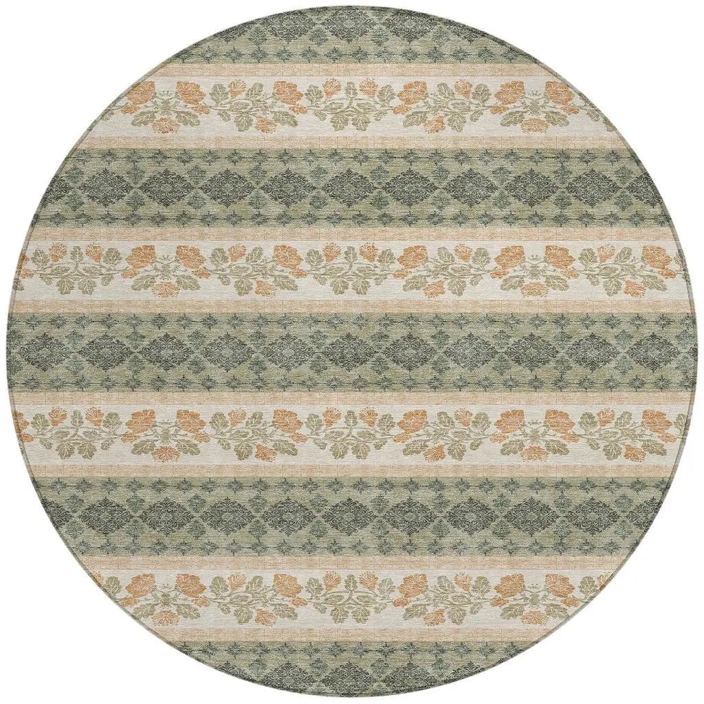 8' Sage And Ivory Round Striped Washable Indoor Outdoor Area Rug Homeroots Outdoor
