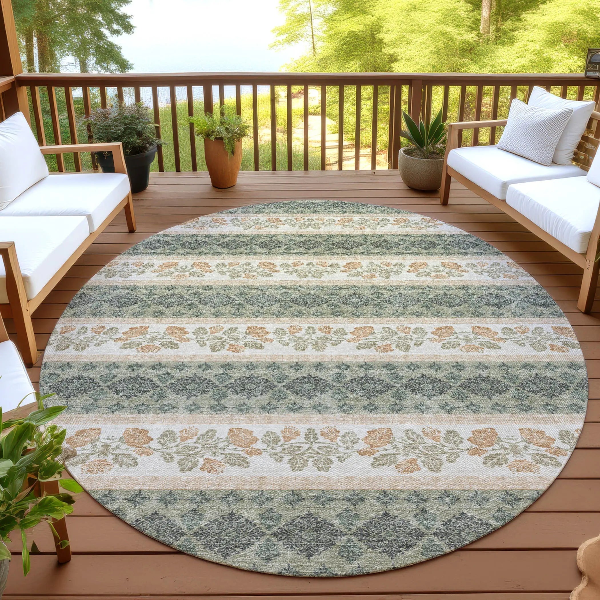 8' Sage And Ivory Round Striped Washable Indoor Outdoor Area Rug Homeroots Outdoor