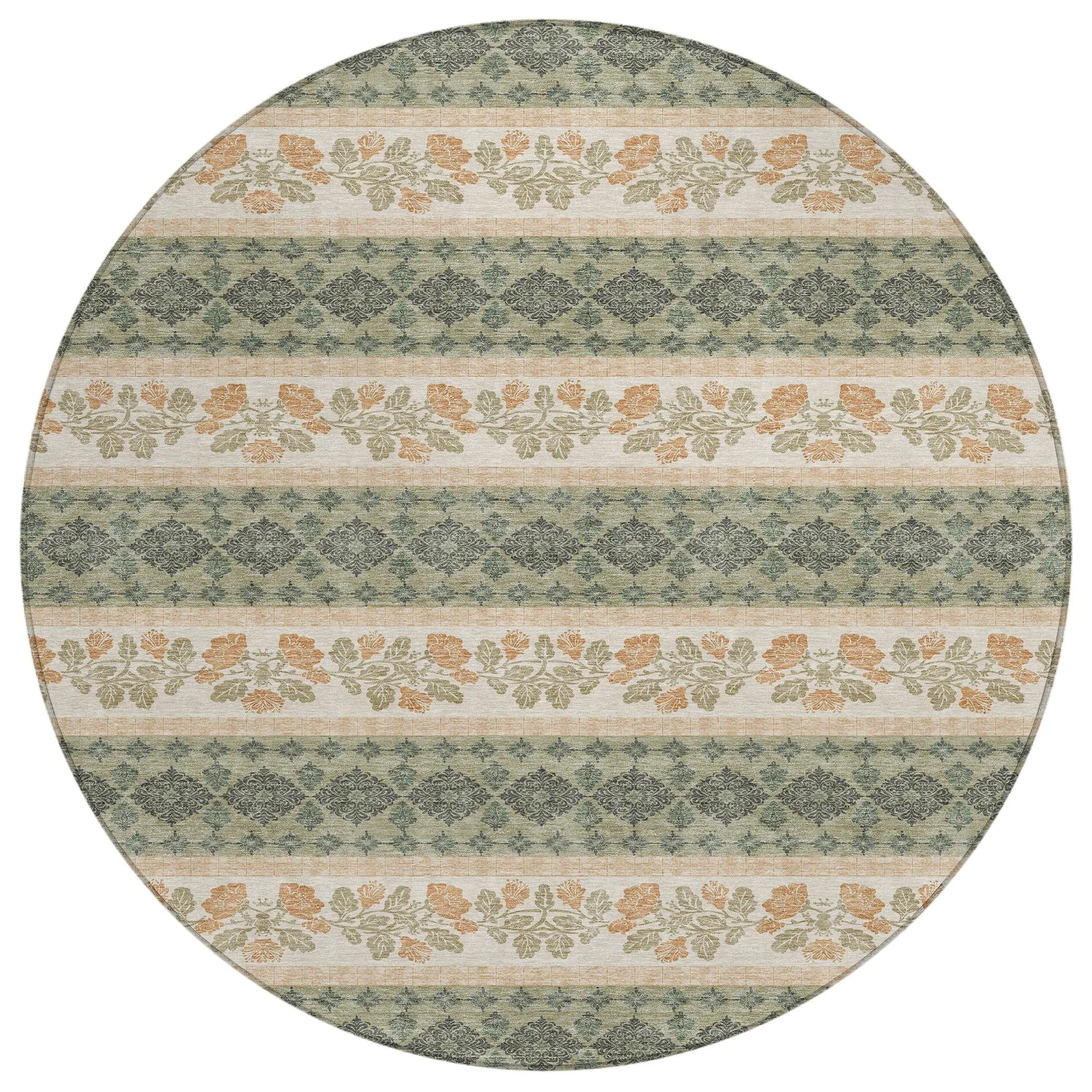 8' Sage And Ivory Round Striped Washable Indoor Outdoor Area Rug Homeroots Outdoor