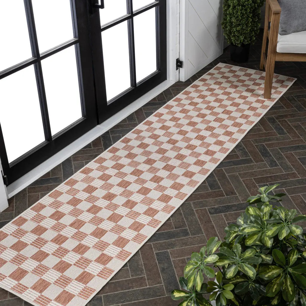 8' Salmon And Cream Geometric Indoor Outdoor Runner Rug Homeroots Outdoor