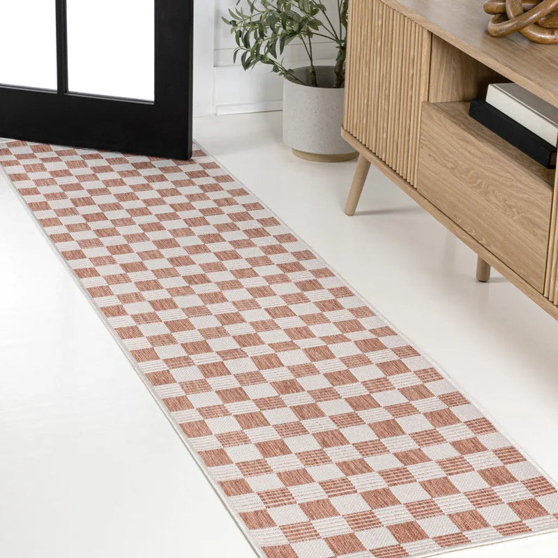 8' Salmon And Cream Geometric Indoor Outdoor Runner Rug Homeroots Outdoor
