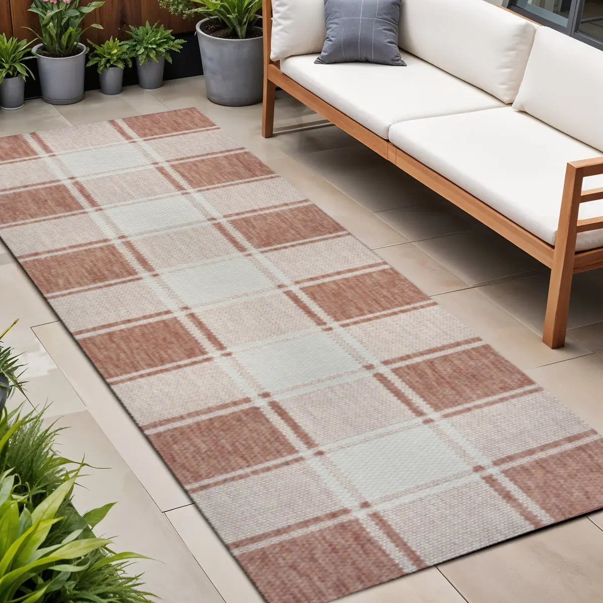 8' Salmon And Cream Gingham Indoor Outdoor Runner Rug Homeroots Outdoor