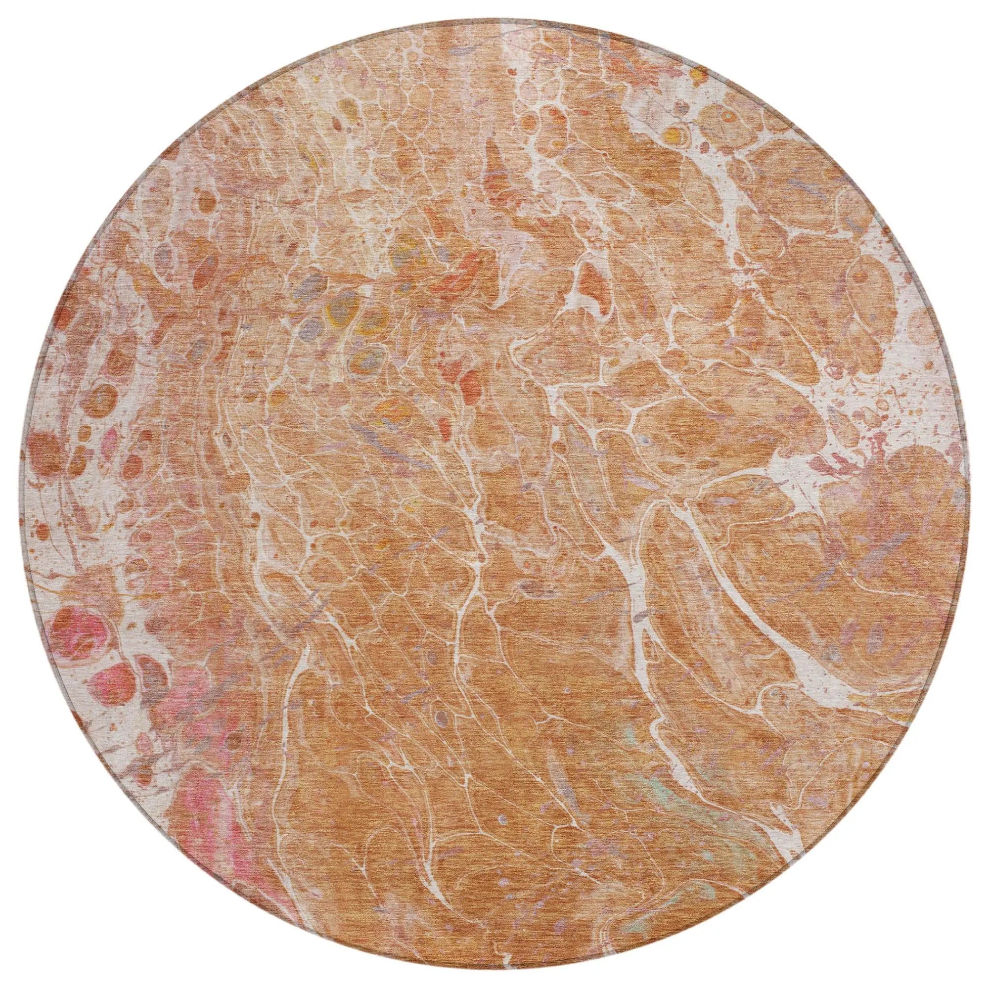 8' Salmon And Orange Round Abstract Washable Indoor Outdoor Area Rug Homeroots Outdoor