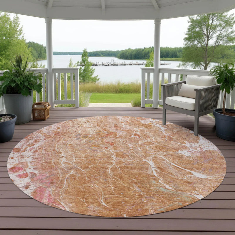 8' Salmon And Orange Round Abstract Washable Indoor Outdoor Area Rug Homeroots Outdoor