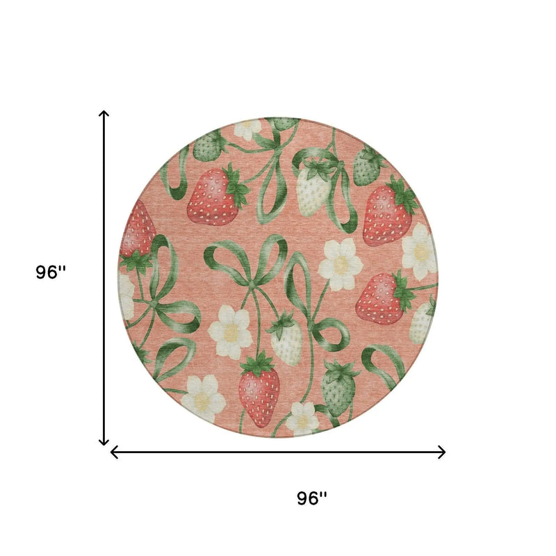8' Salmon And Orange Round Floral Washable Indoor Outdoor Area Rug Homeroots Outdoor