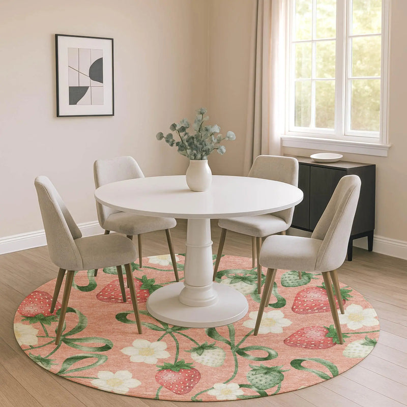 8' Salmon And Orange Round Floral Washable Indoor Outdoor Area Rug Homeroots Outdoor