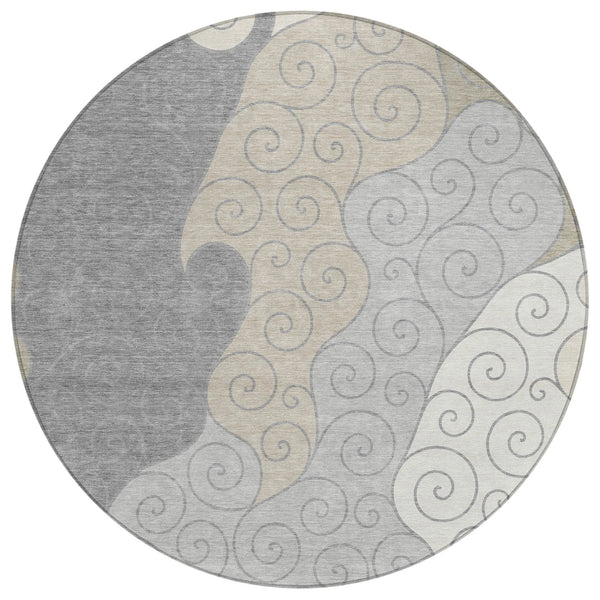 8' Silver And Beige Round Abstract Washable Indoor Outdoor Area Rug Homeroots Outdoor