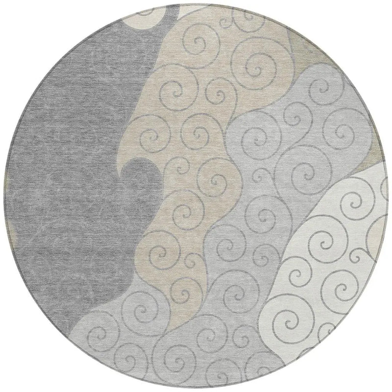 8' Silver And Beige Round Abstract Washable Indoor Outdoor Area Rug Homeroots Outdoor