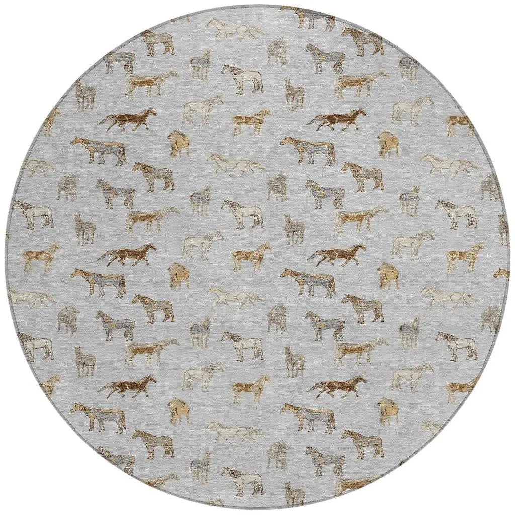 8' Silver And Beige Round Horse Washable Indoor Outdoor Area Rug Homeroots Outdoor