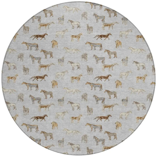 8' Silver And Beige Round Horse Washable Indoor Outdoor Area Rug Homeroots Outdoor