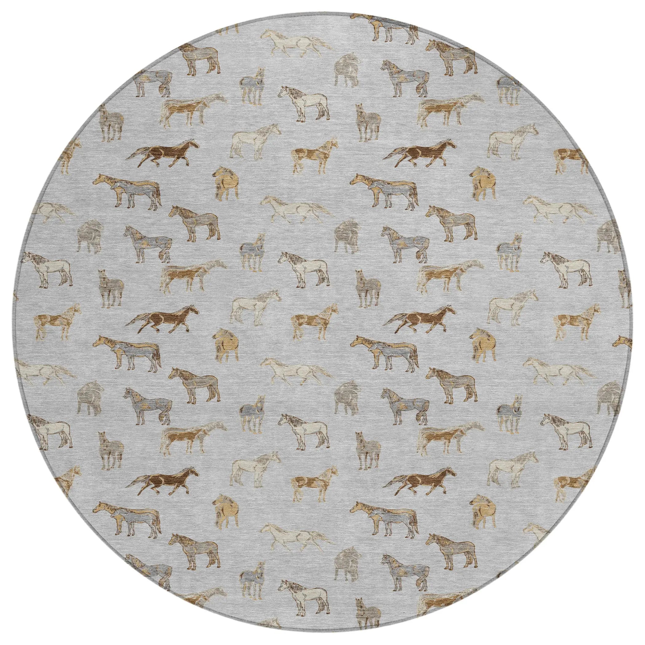 8' Silver And Beige Round Horse Washable Indoor Outdoor Area Rug Homeroots Outdoor