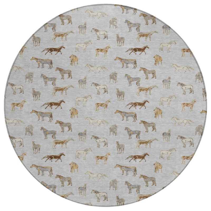 8' Silver And Beige Round Horse Washable Indoor Outdoor Area Rug Homeroots Outdoor