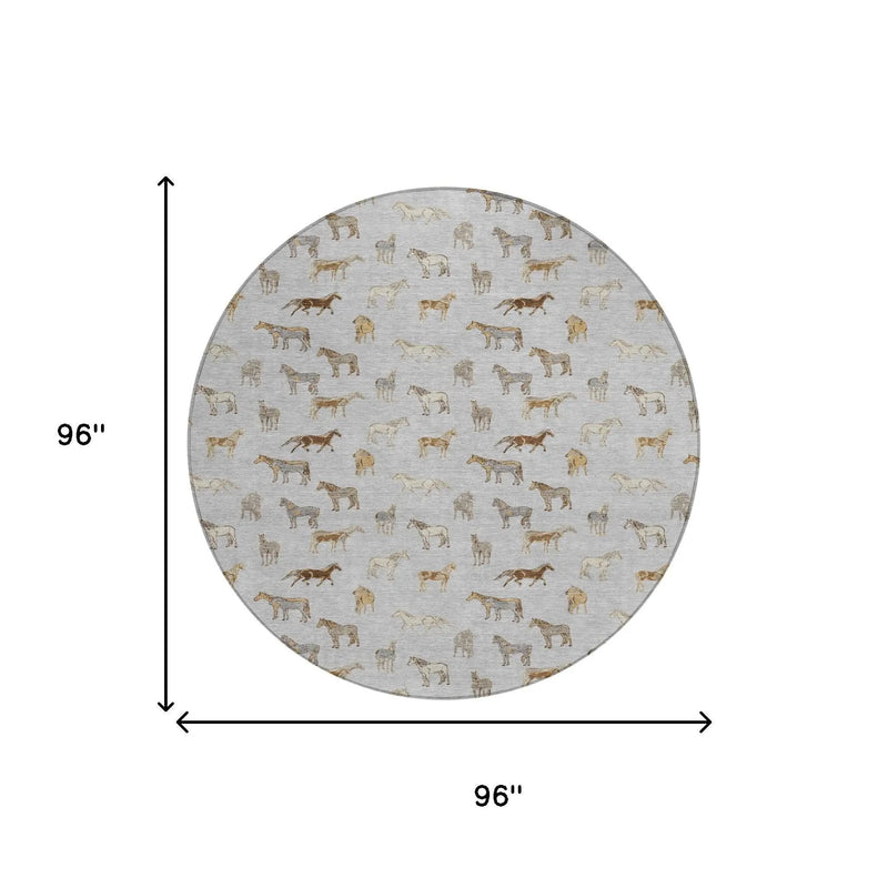 8' Silver And Beige Round Horse Washable Indoor Outdoor Area Rug Homeroots Outdoor