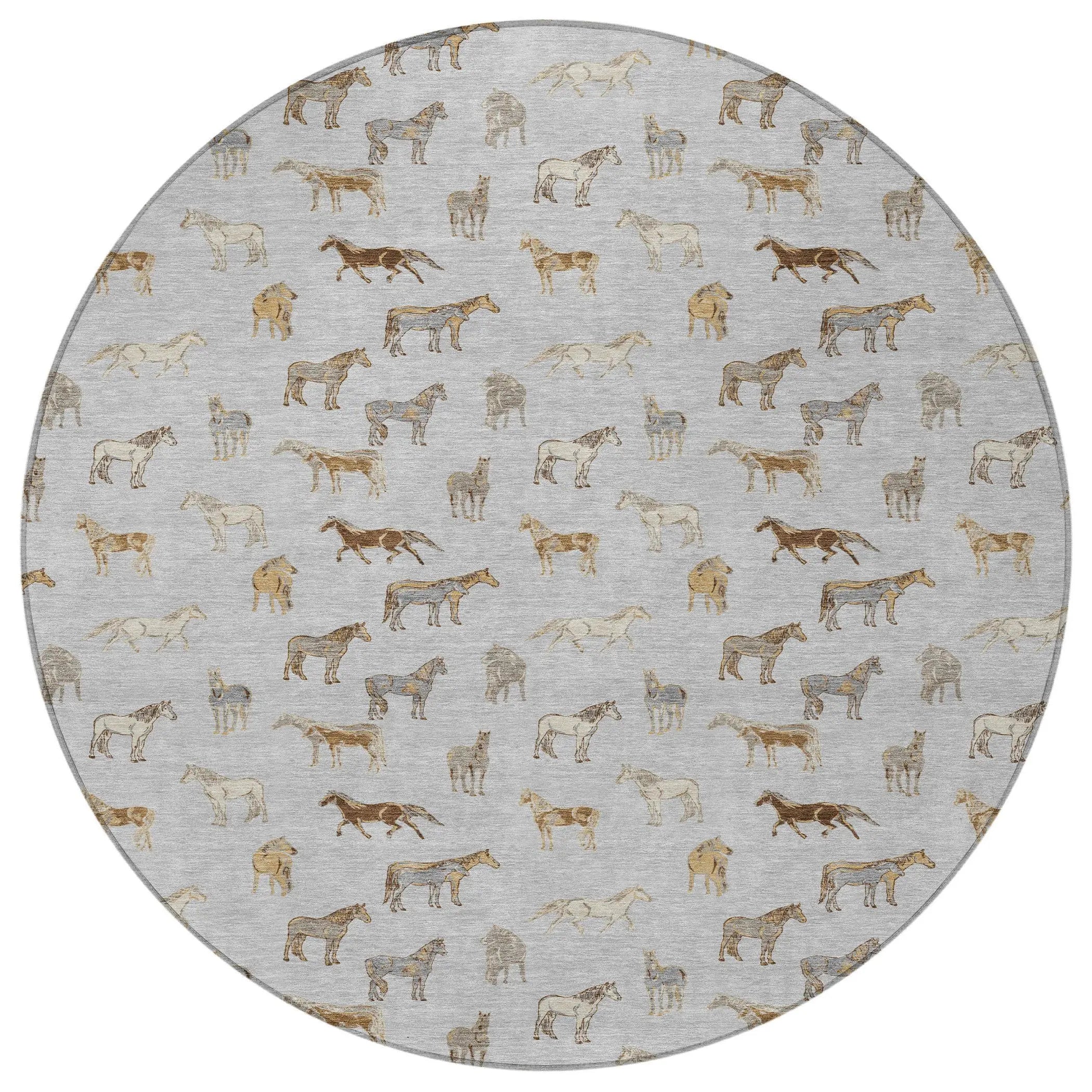8' Silver And Beige Round Horse Washable Indoor Outdoor Area Rug Homeroots Outdoor