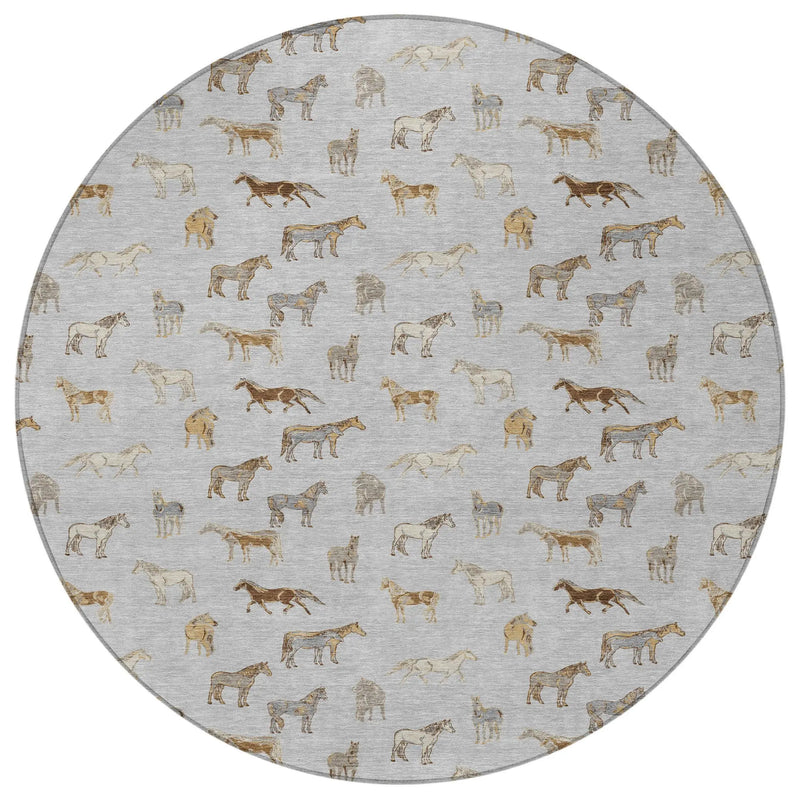 8' Silver And Beige Round Horse Washable Indoor Outdoor Area Rug Homeroots Outdoor