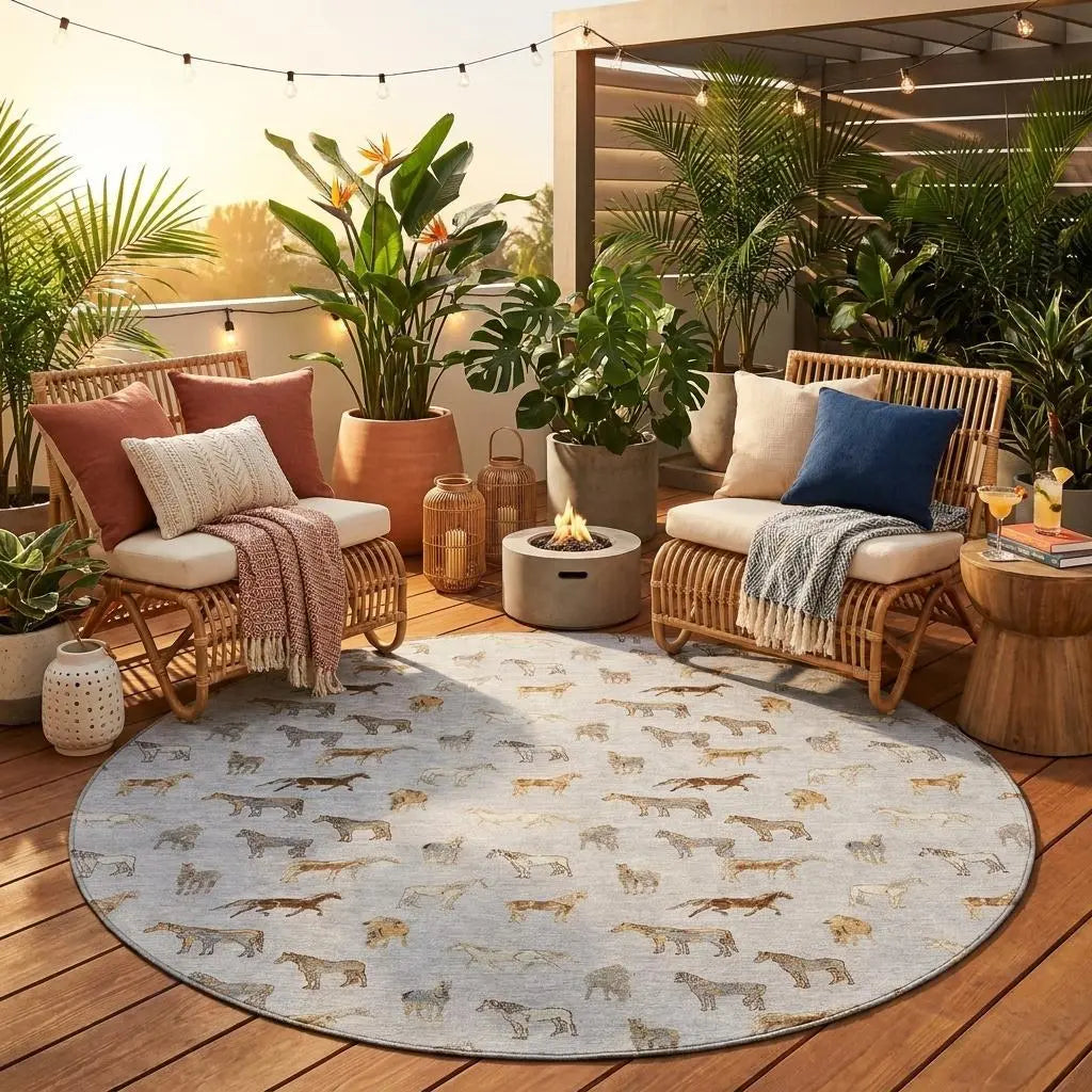 8' Silver And Beige Round Horse Washable Indoor Outdoor Area Rug Homeroots Outdoor