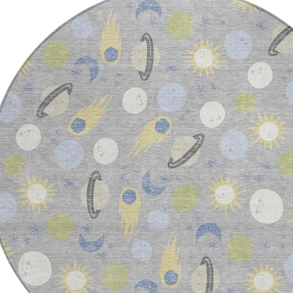 8' Silver And Blue Round Geometric Washable Indoor Outdoor Area Rug Homeroots Outdoor