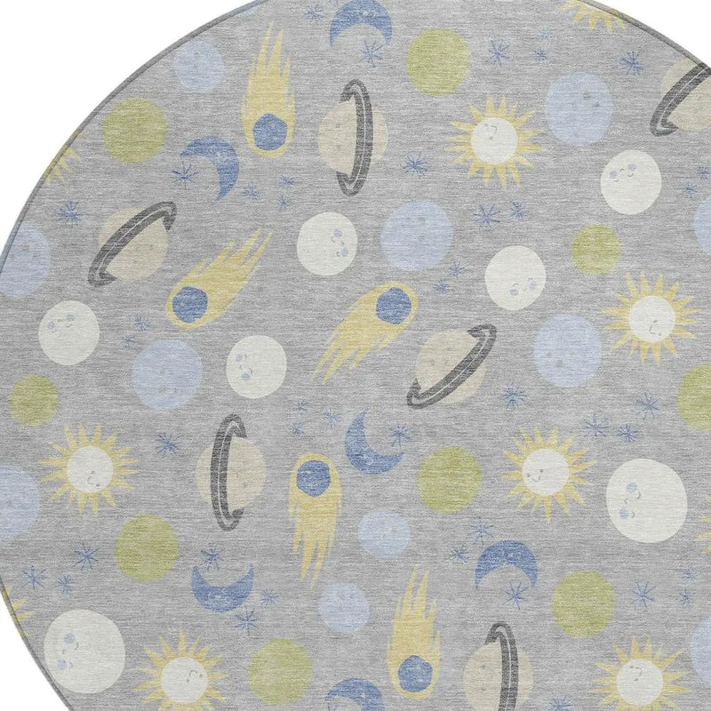 8' Silver And Blue Round Geometric Washable Indoor Outdoor Area Rug Homeroots Outdoor