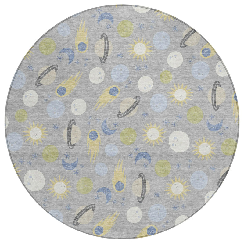 8' Silver And Blue Round Geometric Washable Indoor Outdoor Area Rug Homeroots Outdoor