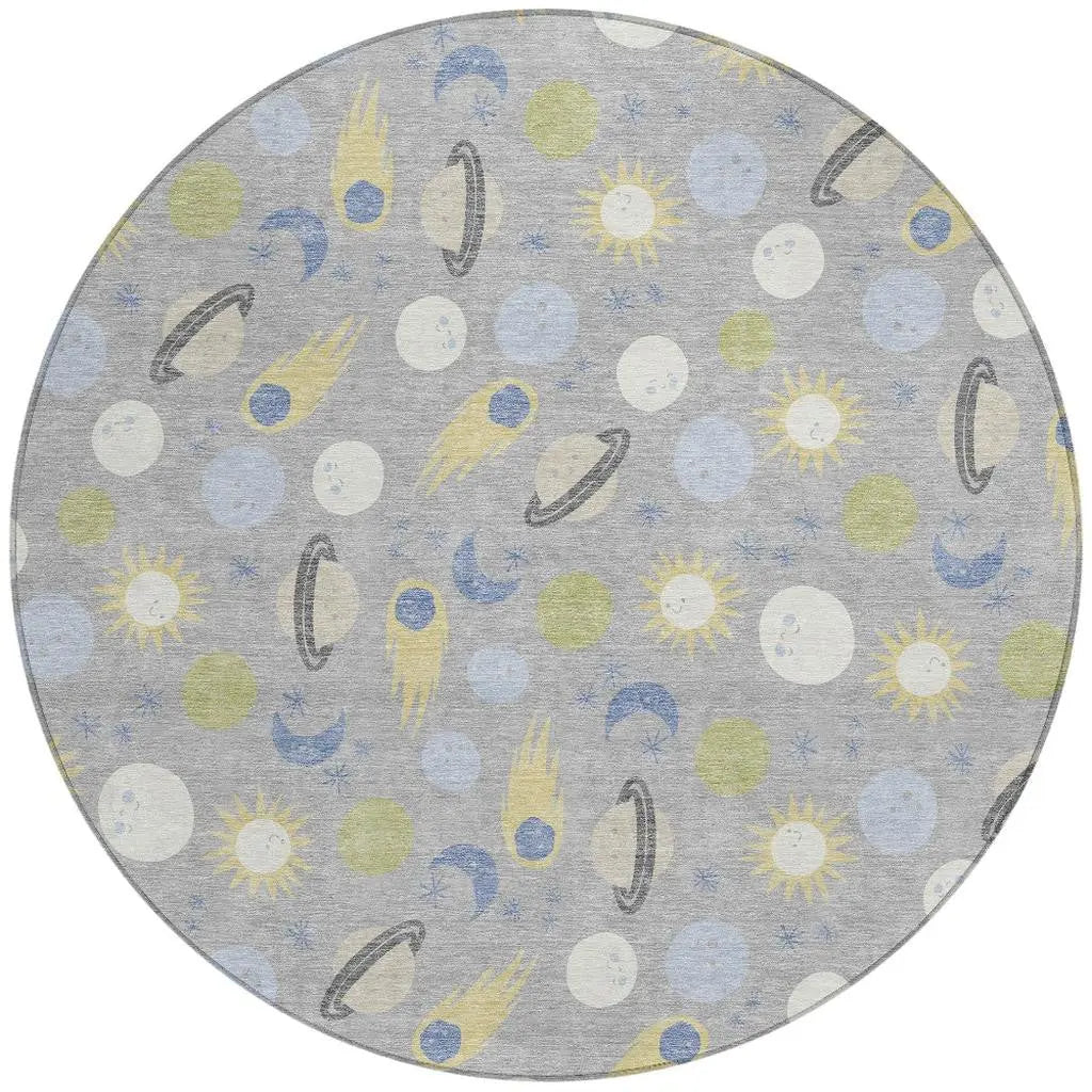 8' Silver And Blue Round Geometric Washable Indoor Outdoor Area Rug Homeroots Outdoor