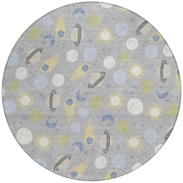 8' Silver And Blue Round Geometric Washable Indoor Outdoor Area Rug Homeroots Outdoor