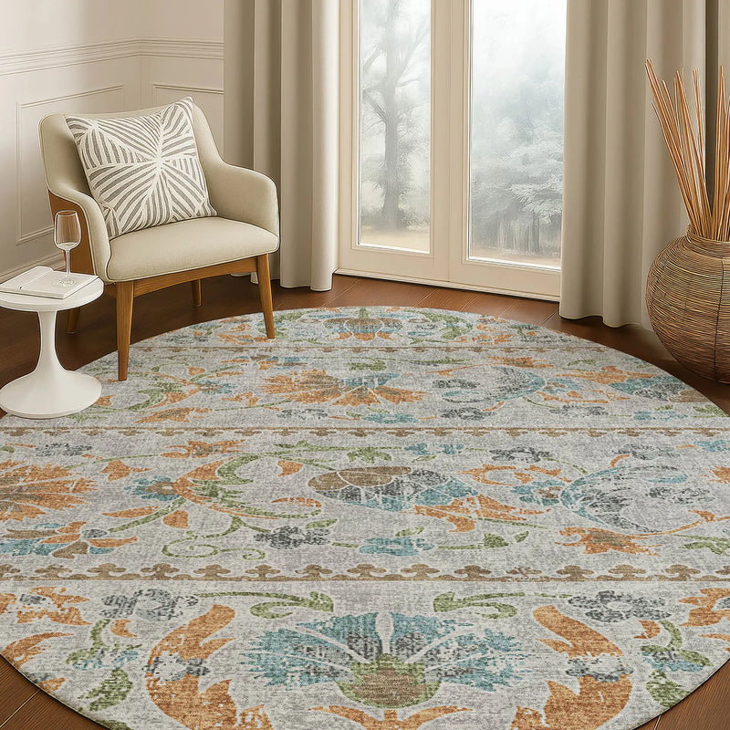 8' Silver And Brown Round Floral Washable Indoor Outdoor Area Rug Homeroots Outdoor