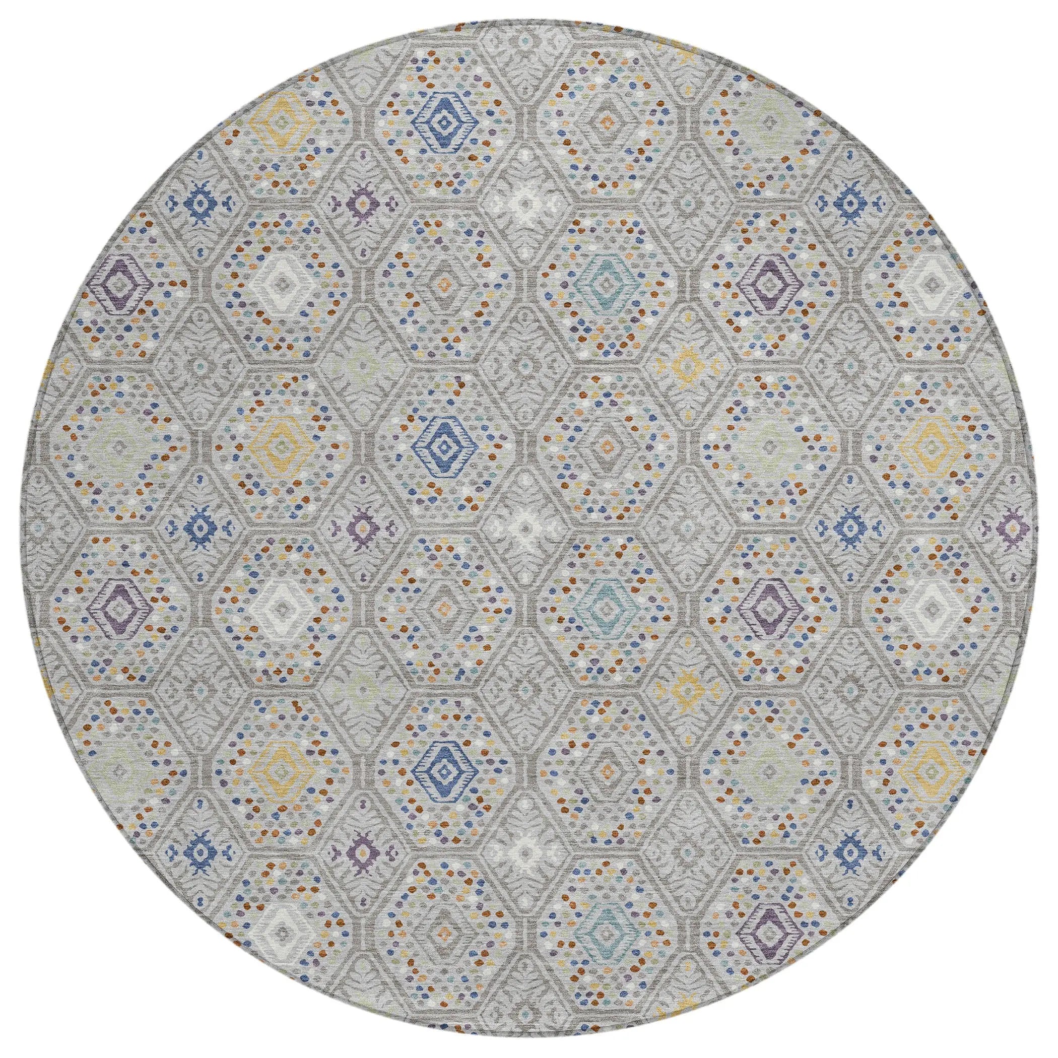 8' Silver And Brown Round Geometric Washable Indoor Outdoor Area Rug Homeroots Outdoor
