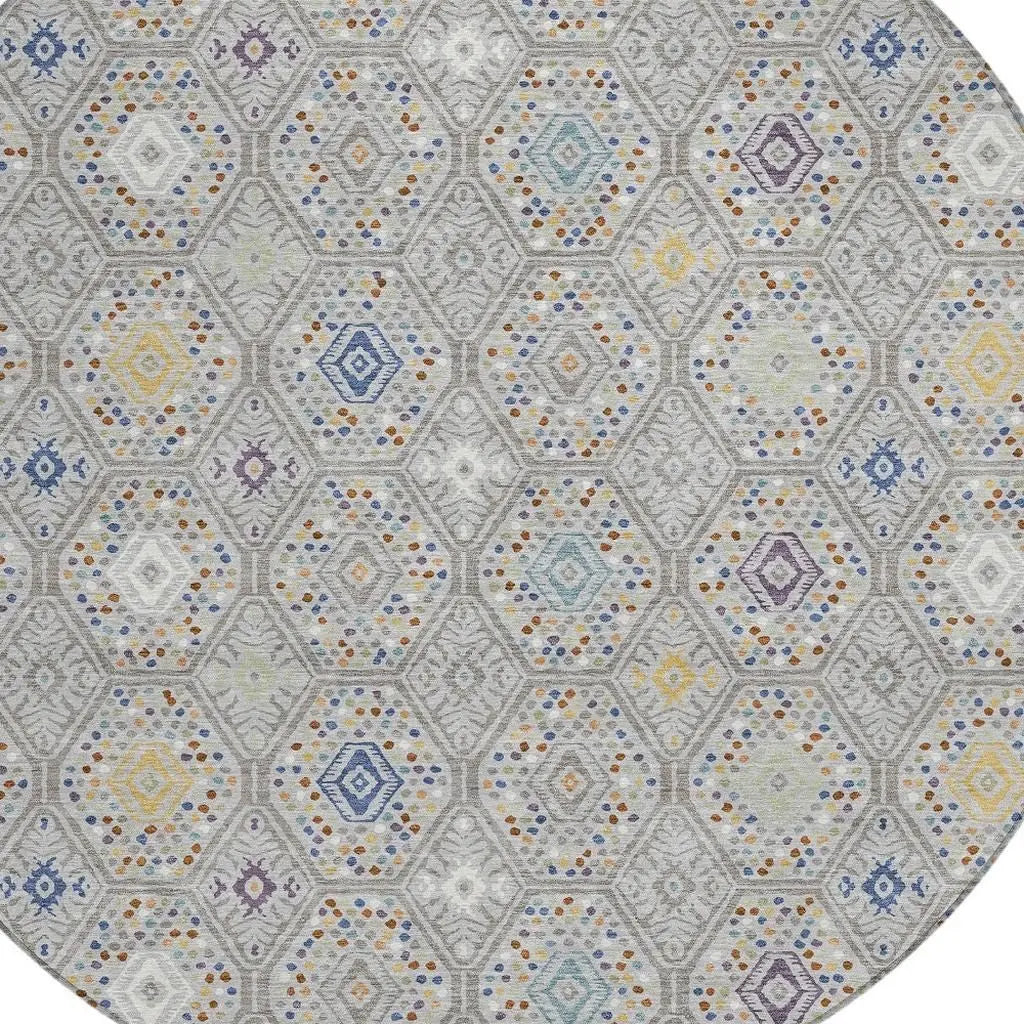 8' Silver And Brown Round Geometric Washable Indoor Outdoor Area Rug Homeroots Outdoor