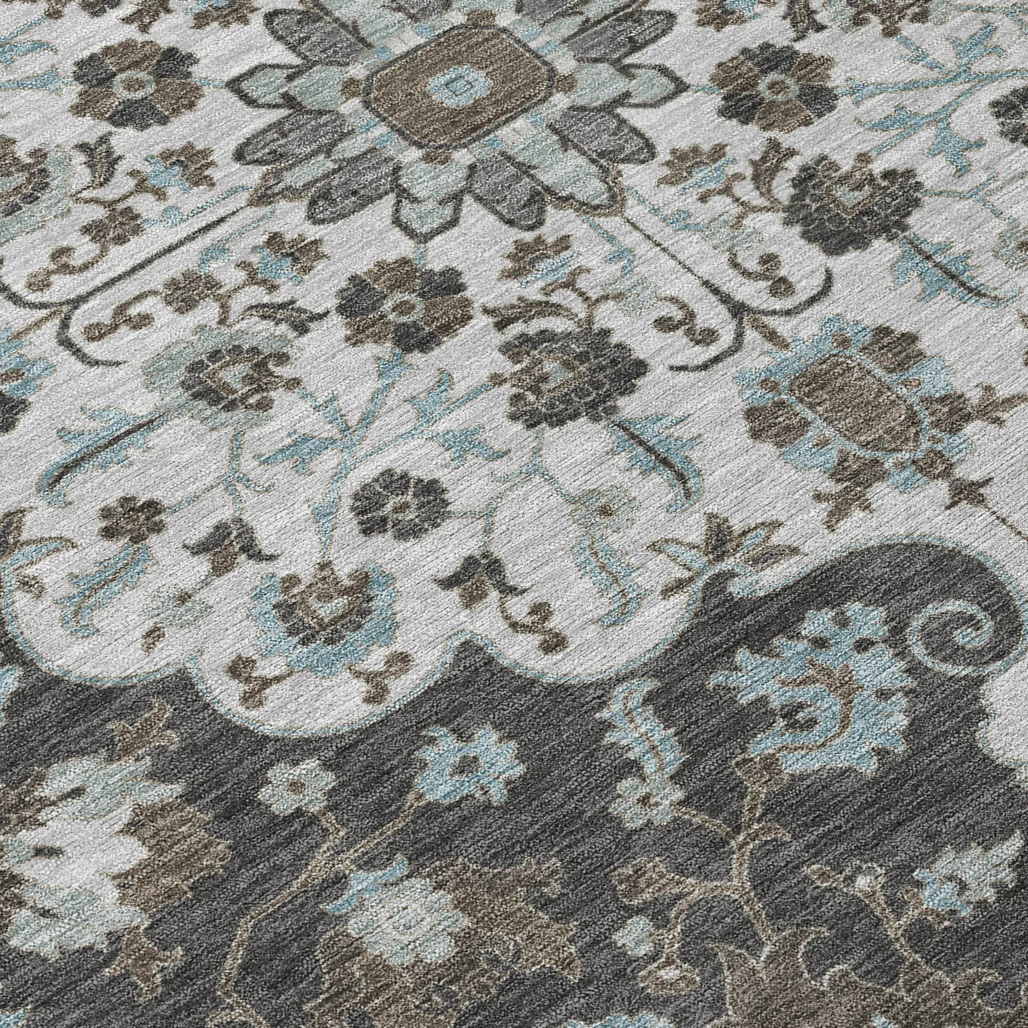 8' Silver And Charcoal Round Floral Medallion Washable Indoor Outdoor Area Rug Homeroots Outdoor