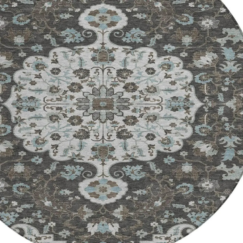 8' Silver And Charcoal Round Floral Medallion Washable Indoor Outdoor Area Rug Homeroots Outdoor