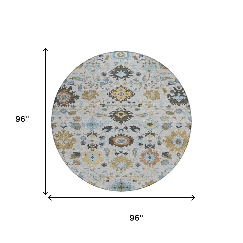 8' Silver And Charcoal Round Floral Medallion Washable Indoor Outdoor Area Rug Homeroots Outdoor