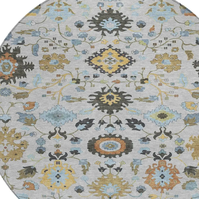 8' Silver And Charcoal Round Floral Medallion Washable Indoor Outdoor Area Rug Homeroots Outdoor
