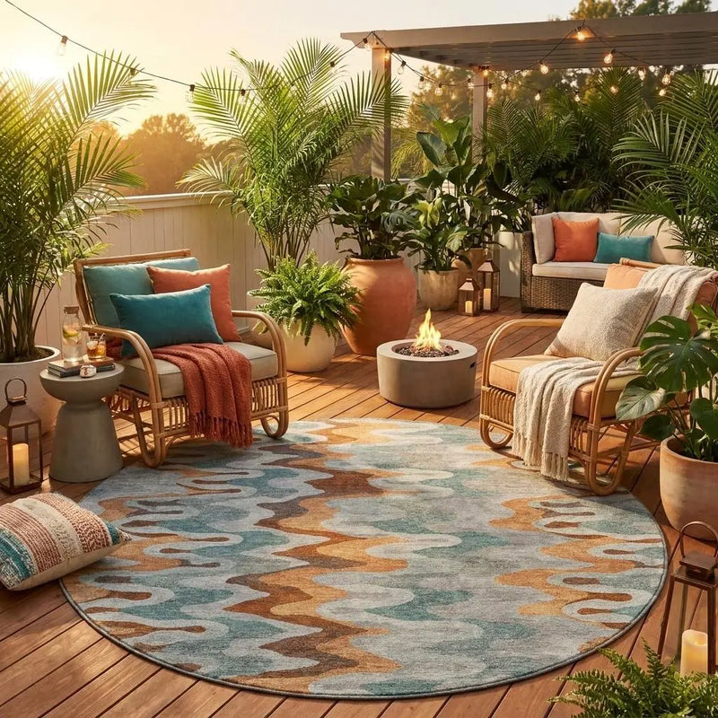 8' Silver And Copper Round Abstract Washable Indoor Outdoor Area Rug Homeroots Outdoor