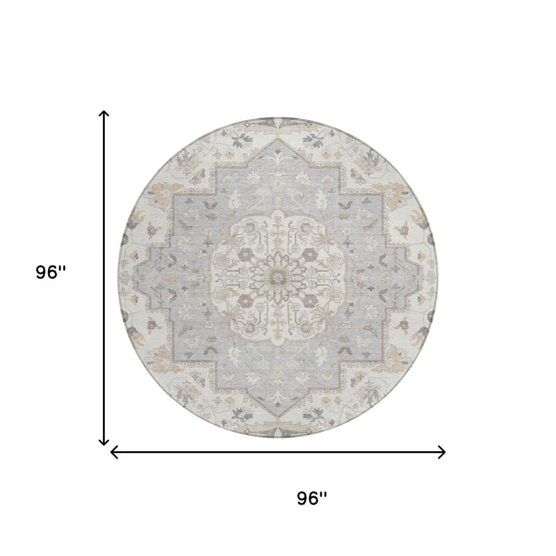 8' Silver And Fern Green Round Oriental Washable Indoor Outdoor Area Rug Homeroots Outdoor