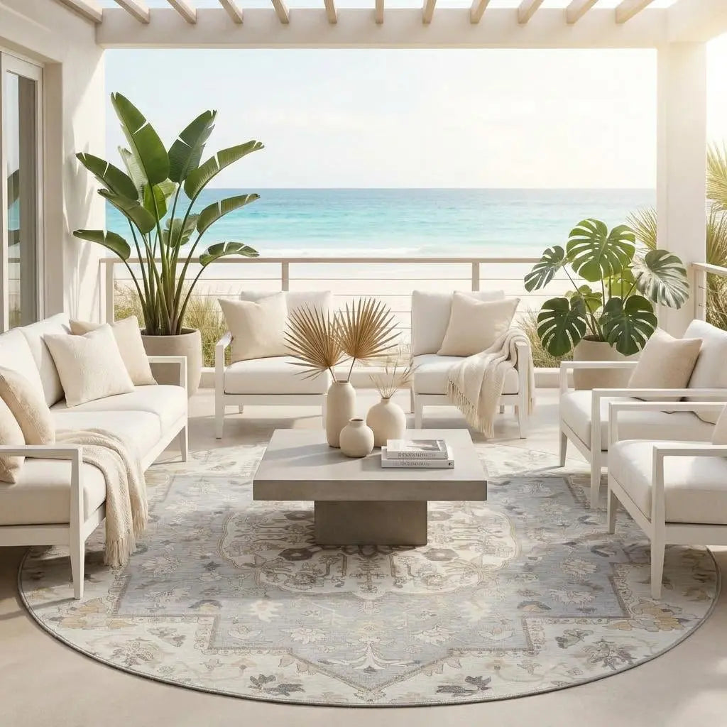 8' Silver And Fern Green Round Oriental Washable Indoor Outdoor Area Rug Homeroots Outdoor