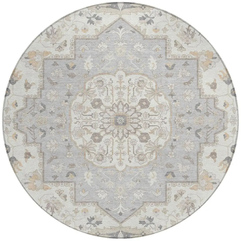 8' Silver And Fern Green Round Oriental Washable Indoor Outdoor Area Rug Homeroots Outdoor