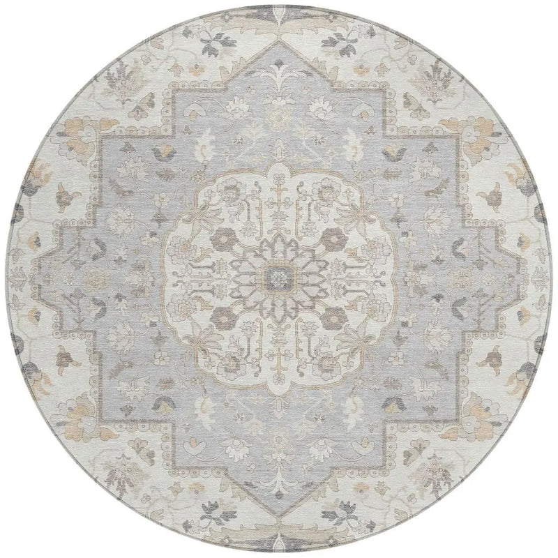 8' Silver And Fern Green Round Oriental Washable Indoor Outdoor Area Rug Homeroots Outdoor