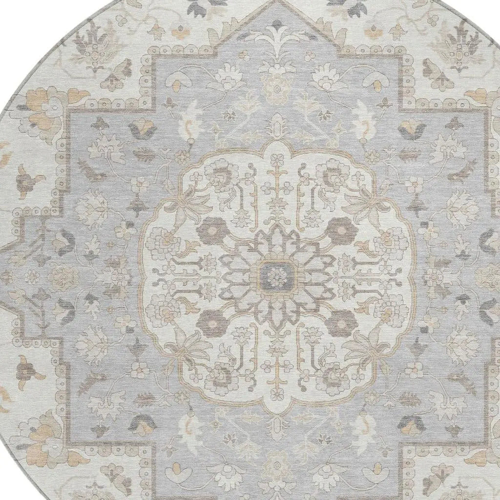 8' Silver And Fern Green Round Oriental Washable Indoor Outdoor Area Rug Homeroots Outdoor