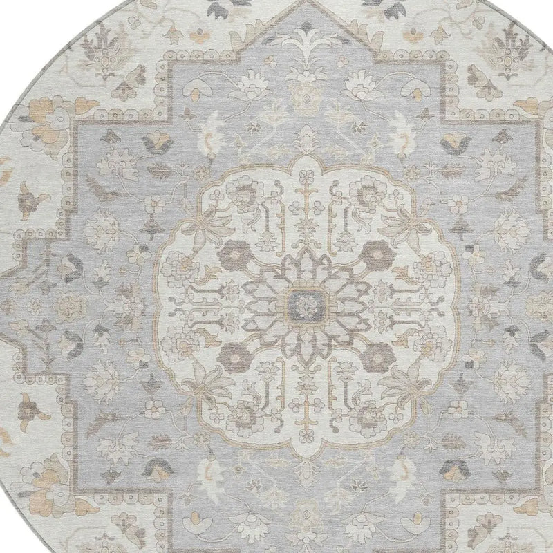 8' Silver And Fern Green Round Oriental Washable Indoor Outdoor Area Rug Homeroots Outdoor