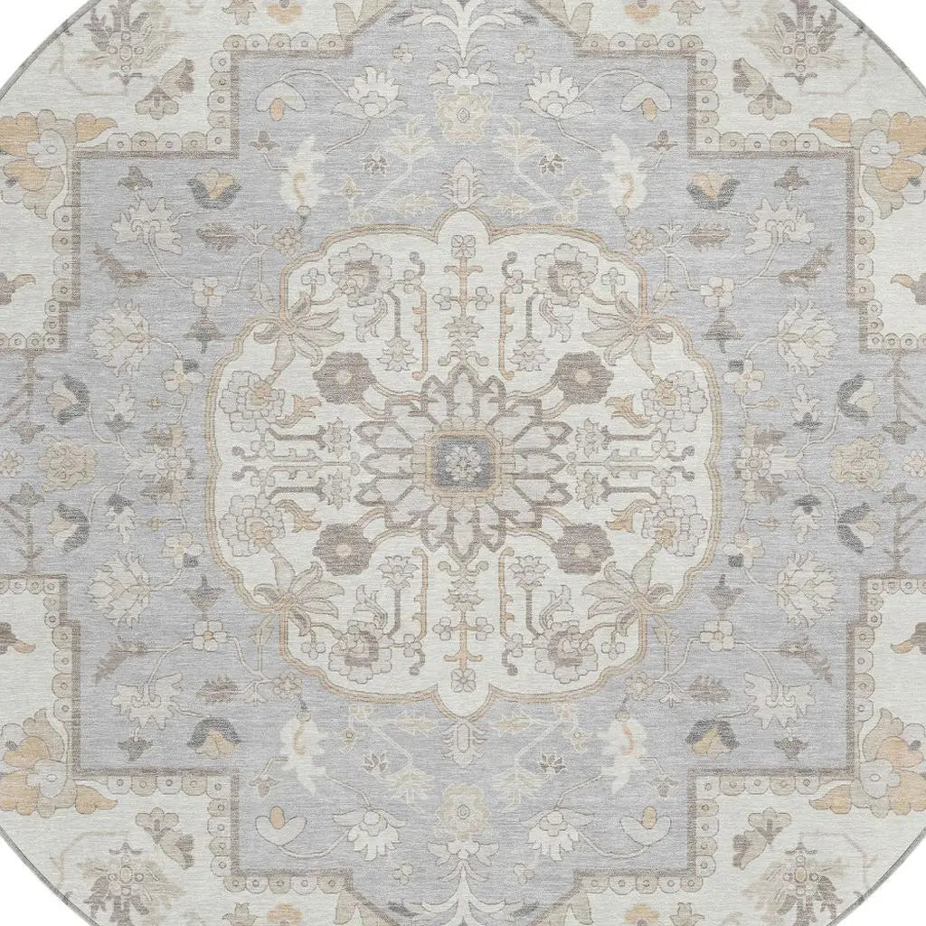 8' Silver And Fern Green Round Oriental Washable Indoor Outdoor Area Rug Homeroots Outdoor