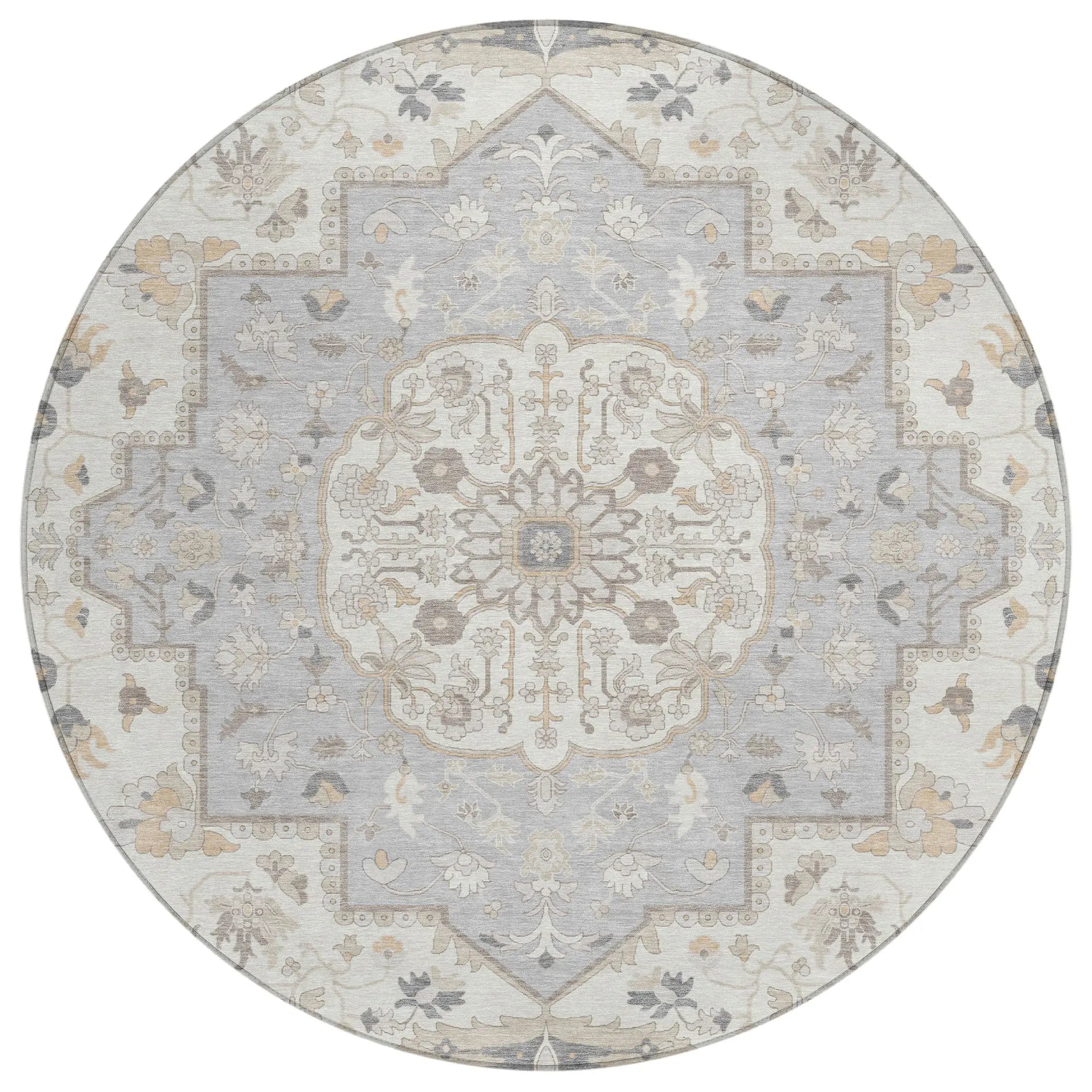 8' Silver And Fern Green Round Oriental Washable Indoor Outdoor Area Rug Homeroots Outdoor