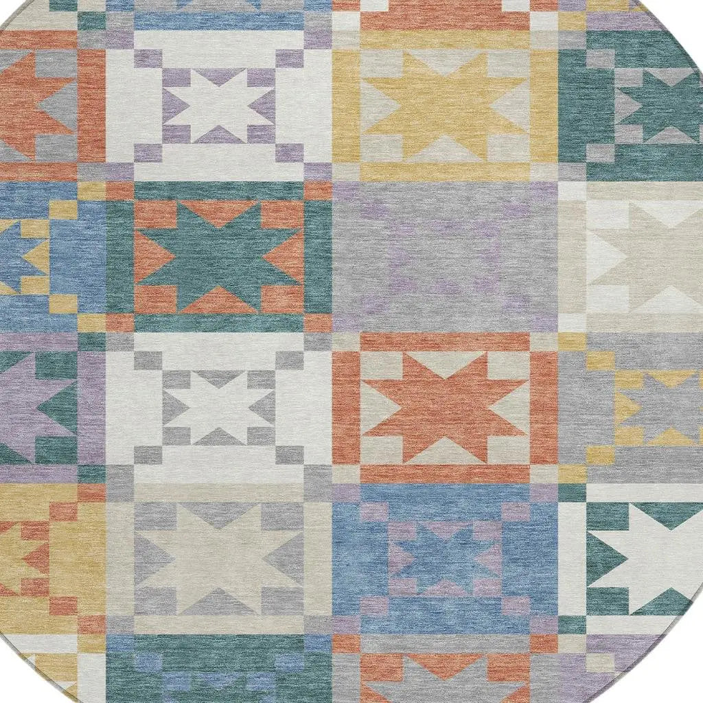 8' Silver And Gold Round Patchwork Washable Indoor Outdoor Area Rug Homeroots Outdoor