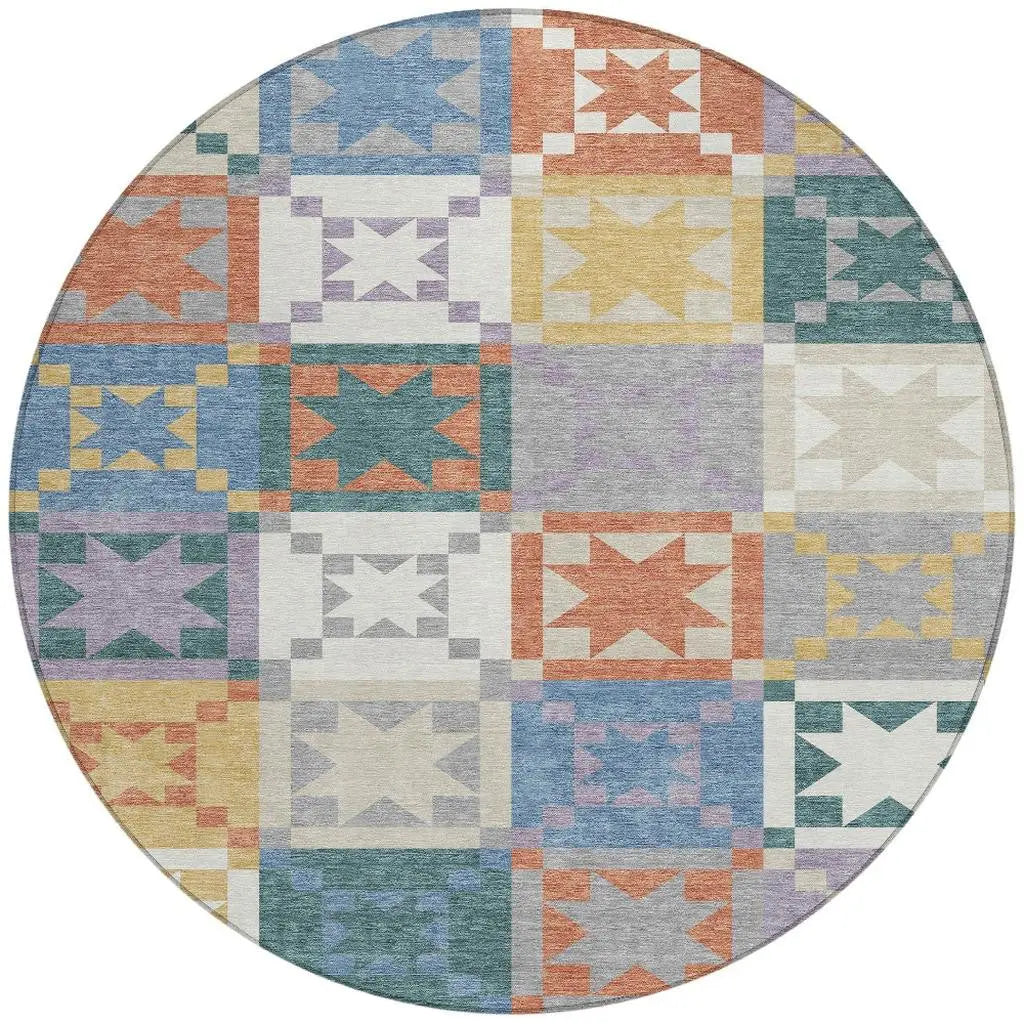 8' Silver And Gold Round Patchwork Washable Indoor Outdoor Area Rug Homeroots Outdoor