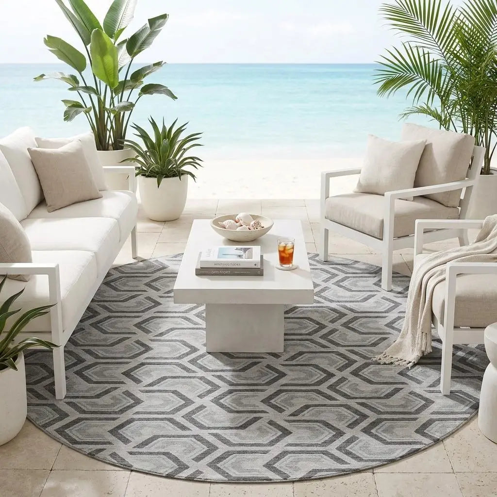 8' Silver And Graphite Round Geometric Washable Indoor Outdoor Area Rug Homeroots Outdoor