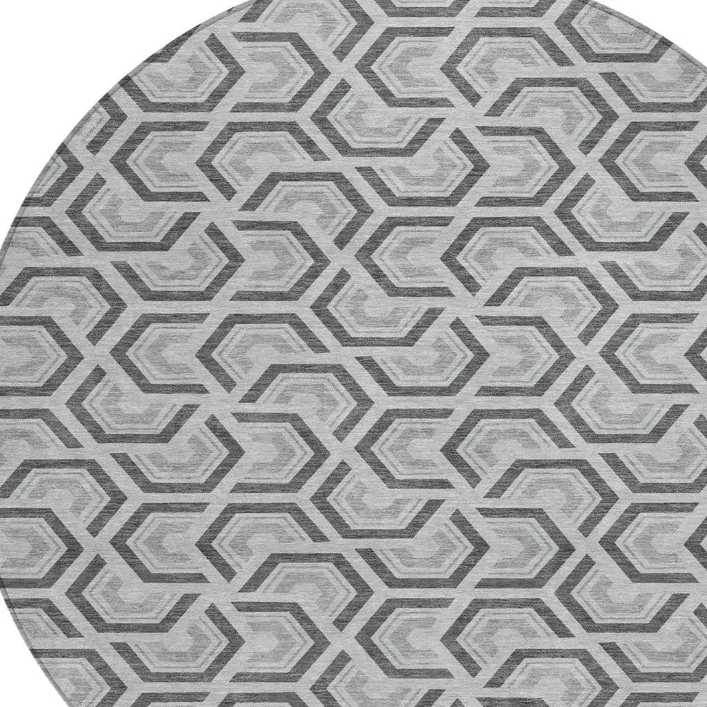 8' Silver And Graphite Round Geometric Washable Indoor Outdoor Area Rug Homeroots Outdoor