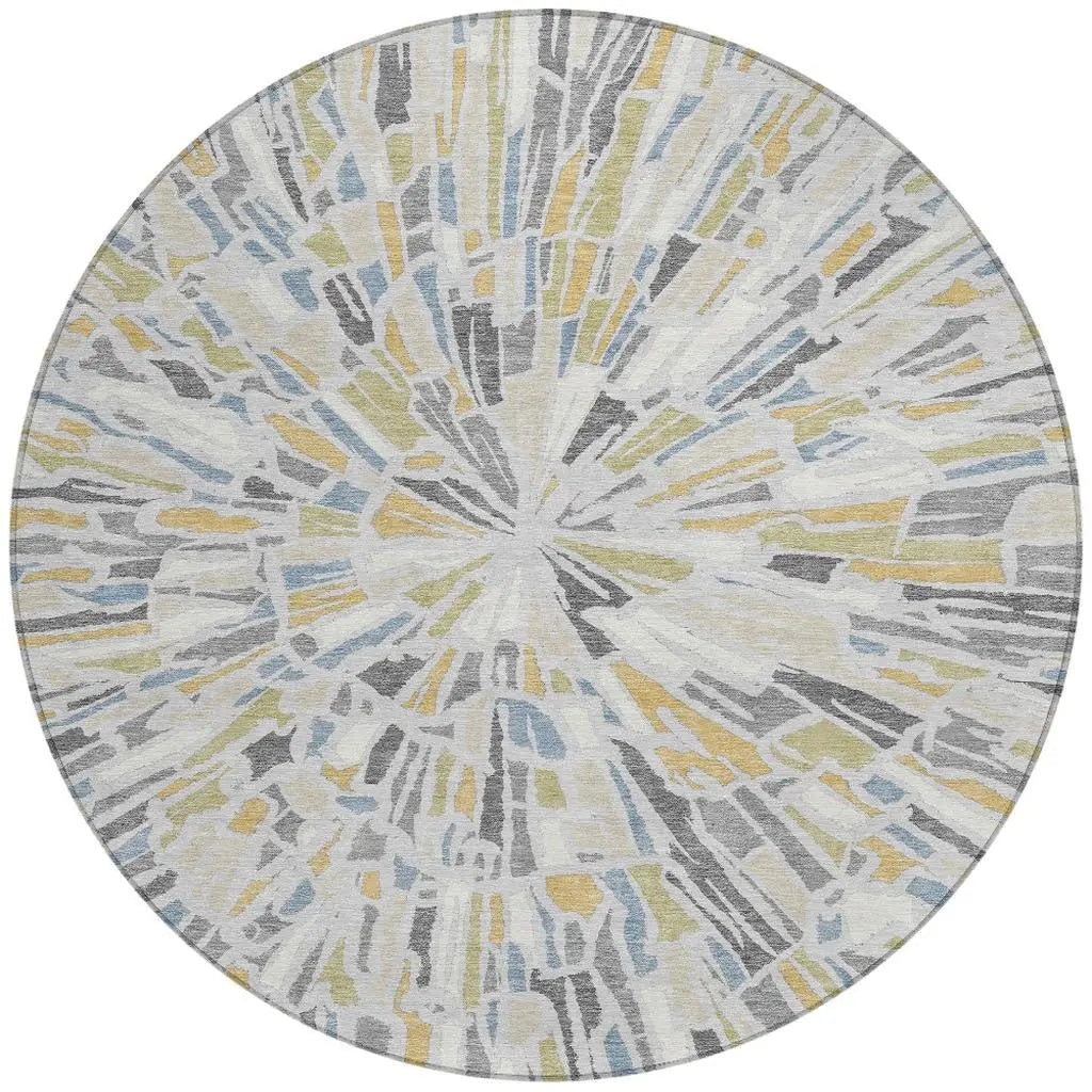 8' Silver And Gray Round Abstract Washable Indoor Outdoor Area Rug Homeroots Outdoor