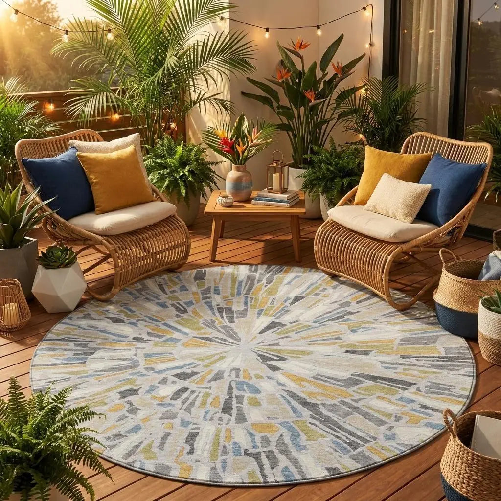 8' Silver And Gray Round Abstract Washable Indoor Outdoor Area Rug Homeroots Outdoor