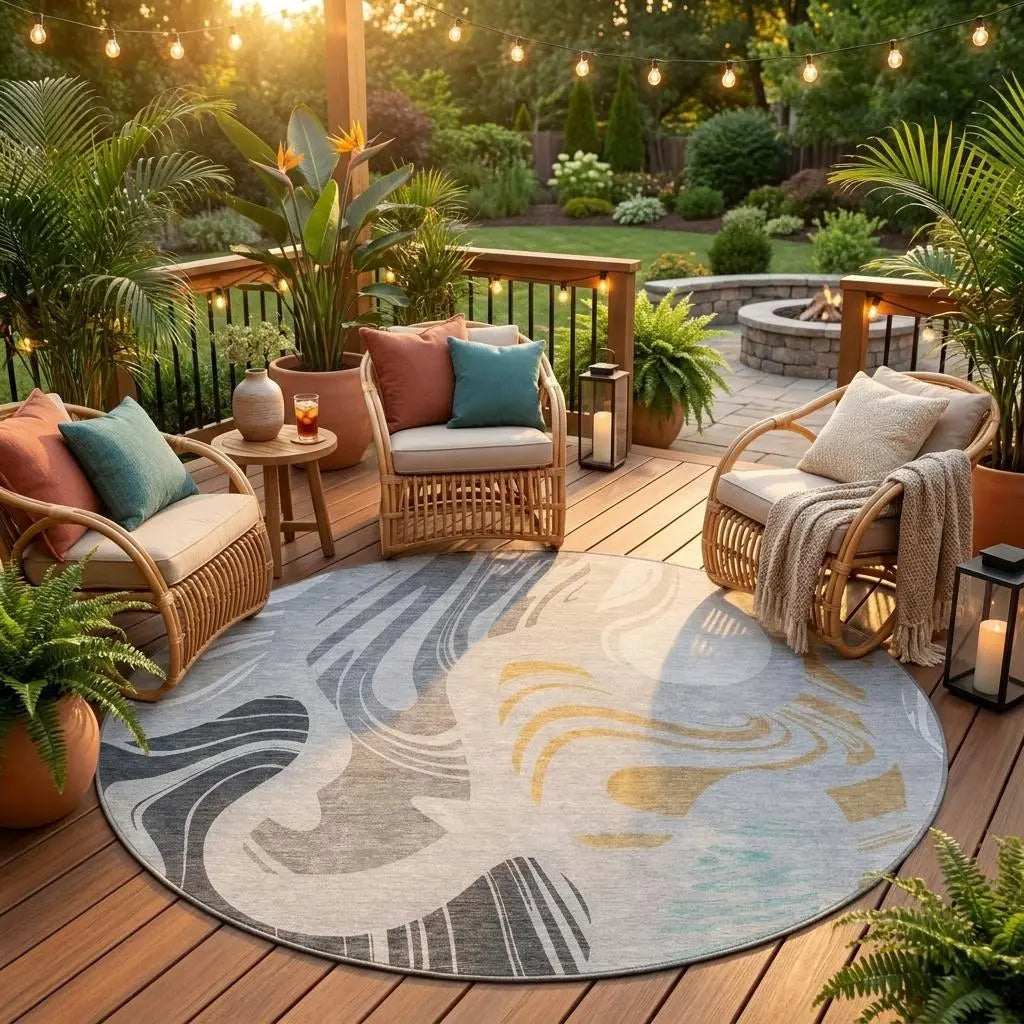8' Silver And Gray Round Abstract Washable Indoor Outdoor Area Rug Homeroots Outdoor
